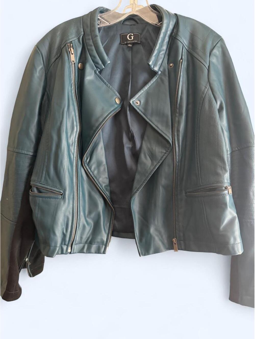 Teal faux leather jacket with zipper detail